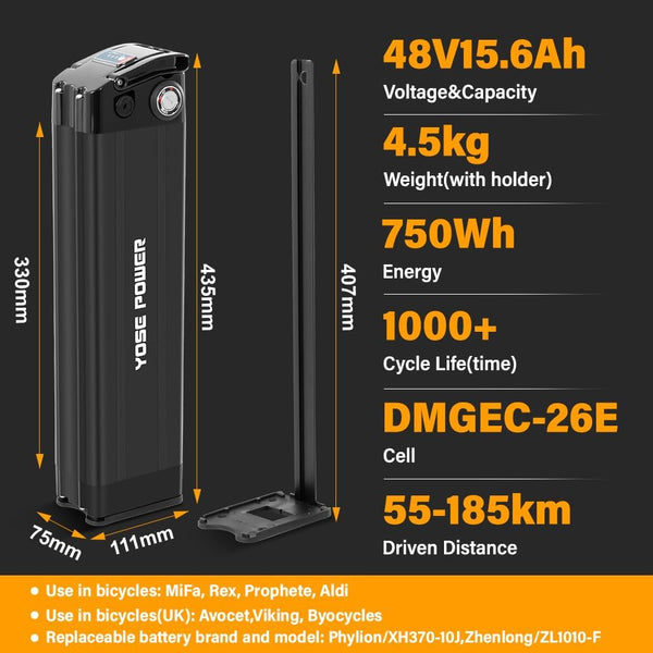 YS YOSE POWER 48V 15.6Ah Ebike Battery Compatible with ECOTRIC Hammer Fat Tire Ebike 48V 15Ah Electric Bike Battery Fit for ECOTRIC Hammer FAT20850C Bicycle Battery 430mm Height
