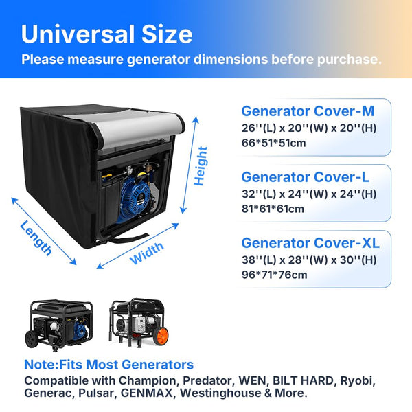 Waterproof Universal Generator Cover,Velcro fixation is easy to use,3 sizes Available, for Most Generators 5500-15000 Watt (96*71*76cm)