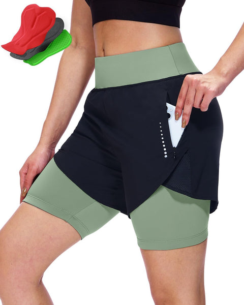 Sportneer Women Padded Bike Shorts - 4D Bicycle Cycling Shorts with 2 Zipper Pockets & 1 Inner Thigh Pocket, Stylish and Comfortable Black Green