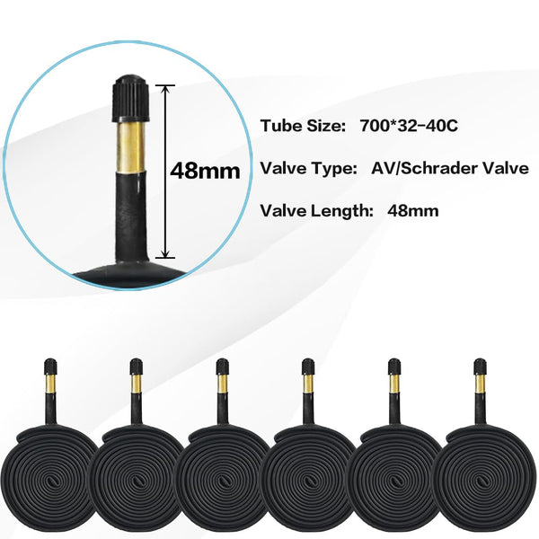 6 Pack 700c Bike Tire Tube 700 x 23c 25c 28c 30c 32c 35c 38c 40c 42c Road Bike Tubes 700C Inner Tube 48mm Presta Valve Butyl Rubber Bicycle Tube and Tire Levers