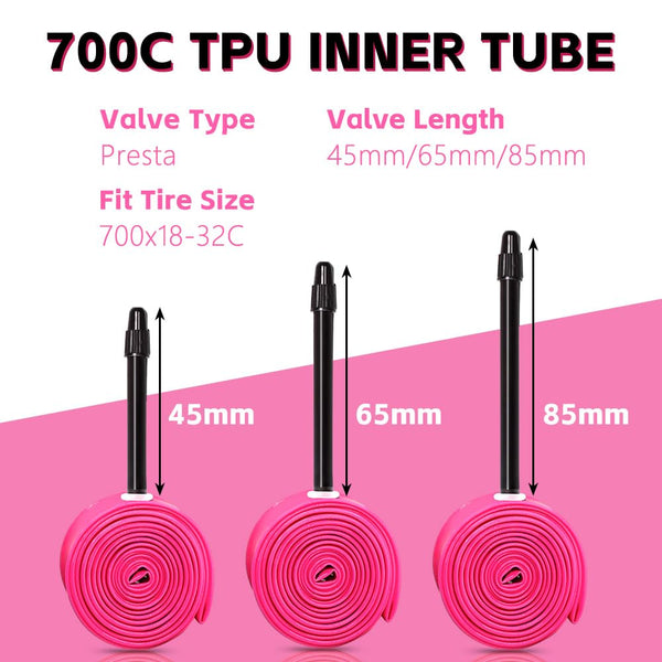 4 Pack Ultralight TPU Bike Inner Tubes 700X18C/23C/25C/28C/30C/32C Presta Valve 45/65/85mm Pink Color for Road Bicycle Tire