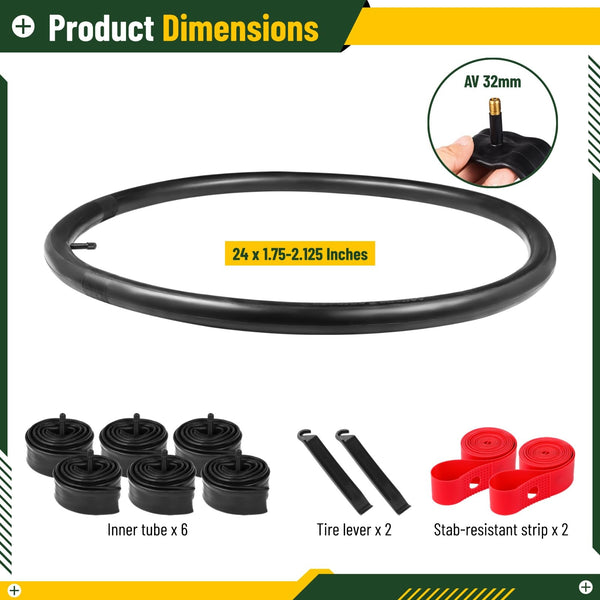 yeesport 6 Pack 20/24/26x1.75/1.95/2.0/2.1/2.125" Bike Tube Bike Inner Tube with 2 Tires Levers and 2 Protection Straps with 32mm Schrader Valve for MTB Mountain Bike