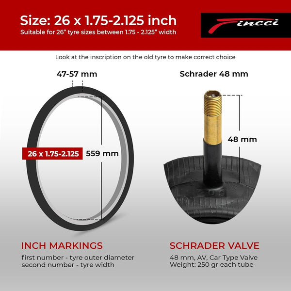 Fincci Pair 26 Inch Bike Tube with Schrader Valve – Durable Bike Tire Tubes 26x1.75/1.95/2.0/2.1/2.125 – Value Pack, Reliable Air Retention and Easy to Install 2x Tubes for MTB, Road and Cruiser Bikes