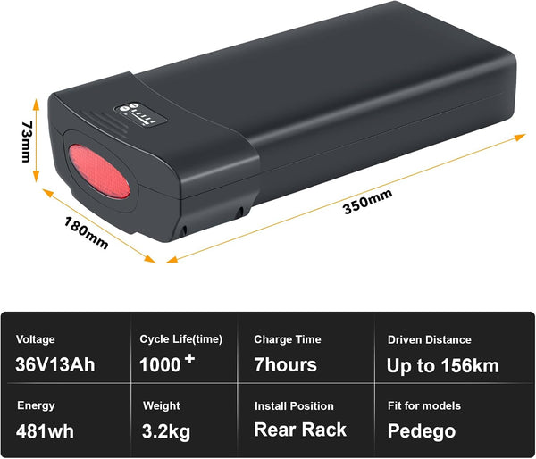 YS YOSE POWER 36V 13Ah Ebike Battery for PEDEGO Electric Bicycle Pgoebikes Lithium Battery Replacement 250W 350W 500W 750W Electric Bike Ebike Replacement Batteries with Taillight