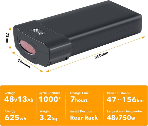 YS YOSE POWER 48V 13Ah Ebike Battery for PEDEGO Electric Bicycle Pgoebikes Lithium Battery Replacement 250W 350W 500W 750W 900W Electric Bike Ebike Replacement Batteries with Taillight