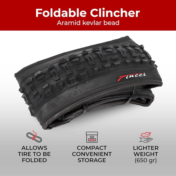 Fincci XC Knobby 26 inch Bike Tires with 2X 26 inch Bike Tube 50-559 - Pair 26x1.95 Bike Tire - Foldable Mountain Tires with Kevlar - 26" Wheelset for Electric, Folding, Enduro, Offroad, Hybrid Bikes