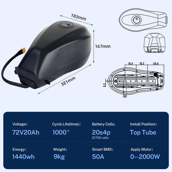 Ebike Battery Fuel Tank 72V 20Ah Electric Bicycle Batteries Pack for 500W 1000W 1500W 2000W Motorcycle Mountain E-Bike Super Powerful 21700 Lithium Cells E Bike Battery with Charger XT90 Base