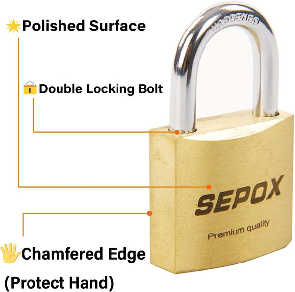 SEPOX 2-Pack Premium Solid Brass Padlock Keyed Alike, 1-9/16" 40mm Heavy Duty Weatherproof Outdoor Lock with 4 Same Keys, Copper Padlock for Gate, Gym Locker, Tool Box, Storage, Shed, Fence & More