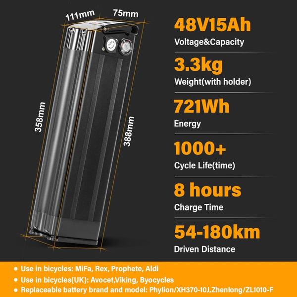 YS YOSE POWER 48V 15AH Lithium Ebike Battery Seat Tube 250W 350W 500W 750W 1000W Bicycle Electric Bike Battery with Charger 2Pins Discharge Port 30A BMS Silverfish E Bike Batteries
