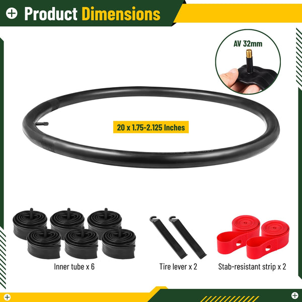 yeesport 6 Pack 20/24/26x1.75/1.95/2.0/2.1/2.125" Bike Tube Bike Inner Tube with 2 Tires Levers and 2 Protection Straps with 32mm Schrader Valve for MTB Mountain Bike