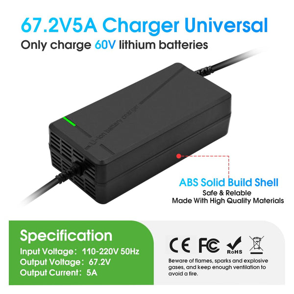 67.2V5A Charger with 6-in-1 Plug for 60V Lithium Battery Such as Car Truck Lawn Mower Boat Marine Batteries (67.2V5A-(6-in-1 Plug))