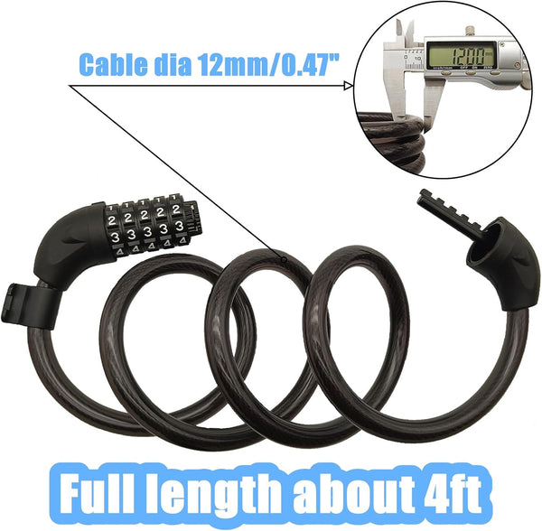 Bike Lock, 4 Feet Bicycle Lock, Heavy Duty Anti Theft 5 Digit Combination Lock, Bike Cable Lock with Mounting Bracket, Bicycle Cable Lock for Road Bike Mountain Bike Scooter