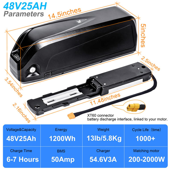 48V 13Ah Ebike Battery, Lithium Battery with 30A BMS for Electric Bicycles,Motorcycles (100-1000W) Motors, Includes Safe Lock,USB Output,Led Indicator Light, XT60 Connector&Base (48V 13AH)