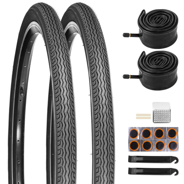 2 PCS 24x1.75 Bicycle Tire and Tube Set, 24 Inch Road Commuter Replacement, 44-507 ETRTO Rubber Tires with A/V Inner Tubes, Repair Kit, Smooth Tread
