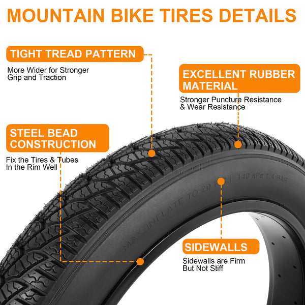 2-Pack 20x4.0 Fat Bike Tire, 20 Inch Mountain Bike Tires & Tubes Set, Folding Replacement Bicycle Tires with Tire Levers for Off-Road Bike, Ebike