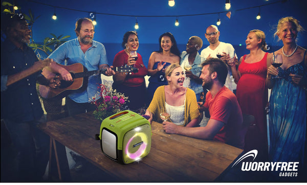 Portable Bluetooth Speaker with Two Microphones, TWS Pairing, Multicolor LED Lights, 10-12 Hours Playtime, 80W, Black