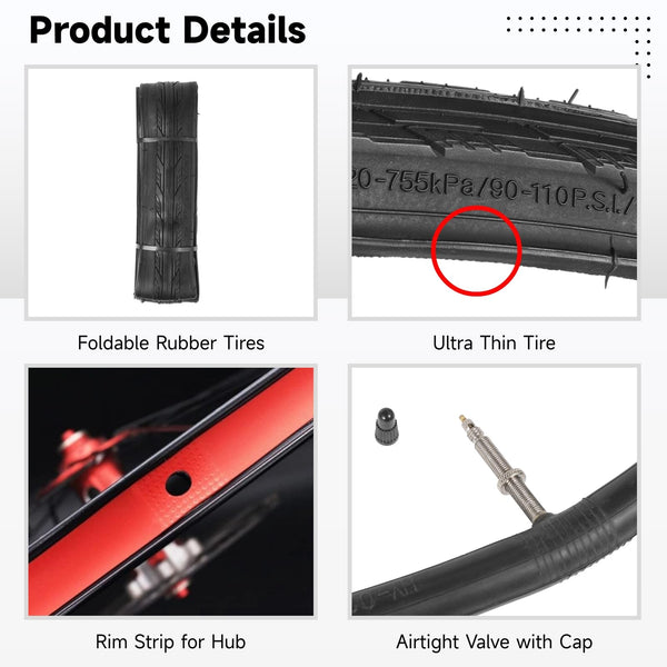 yeesport 700 x 25c Road Bike Tires, 2 Pack Folding 700x25c Tires & 700 x 25c-28c Bike Tubes Presta Valve 48mm Tire Replacement with Rim Strips for Urban Rural Asphalt Concrete Hard Roads