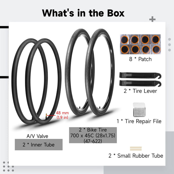 yeesport 700 x 40c/45c Bike Tires, 2 Pack Foldable 42-622 700x40c/700x45c Tires and 700x38/40/42/45c Inner Tubes 48mm A/V Valve, 700c Gravel Bike Tires