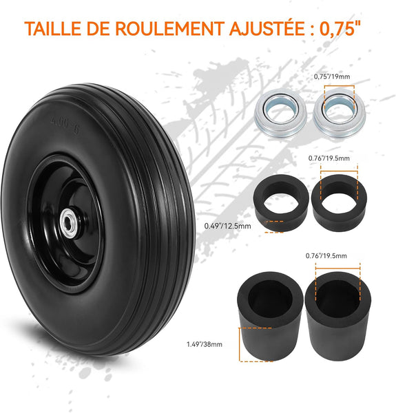 13 Inch Wheelbarrow Tires, 4.00-6 Flat Free Wheelbarrow Tire Replacement 5/8" Bearings for Wheelbarrow, Garden Cart, Hand Truck, Trolley, Gorilla Cart
