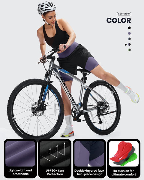 Sportneer Women Padded Bike Shorts - 4D Bicycle Cycling Shorts with 2 Zipper Pockets & 1 Inner Thigh Pocket