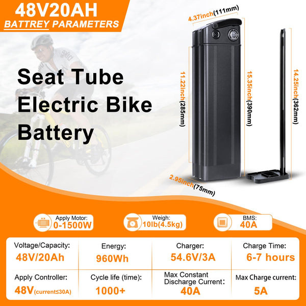 48V E-Bike Battery, Silver Fish Lithium Batteries 30A BMS, Safe Lock, Led Indicator Light for Controller 0W-1000W Electric Bike Bicycles Motor (48V 15AH 0-1000W)