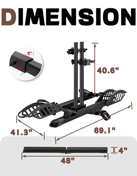 POLESTAR Hitch Mounted 2-Bike Rack, 200lbs Capacity Bike Rack Hitch with Lock, 2" Receiver Foldable Platform Mount for E-Bike, Up to 5" Fat Tire Bicycle and Standard, fit Car Trucks SUVs RVs Trailer