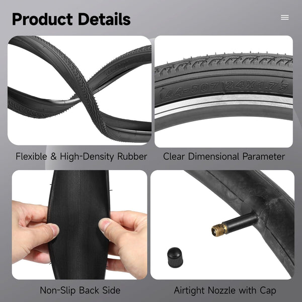 2 PCS 24x1.75 Bicycle Tire and Tube Set, 24 Inch Road Commuter Replacement, 44-507 ETRTO Rubber Tires with A/V Inner Tubes, Repair Kit, Smooth Tread