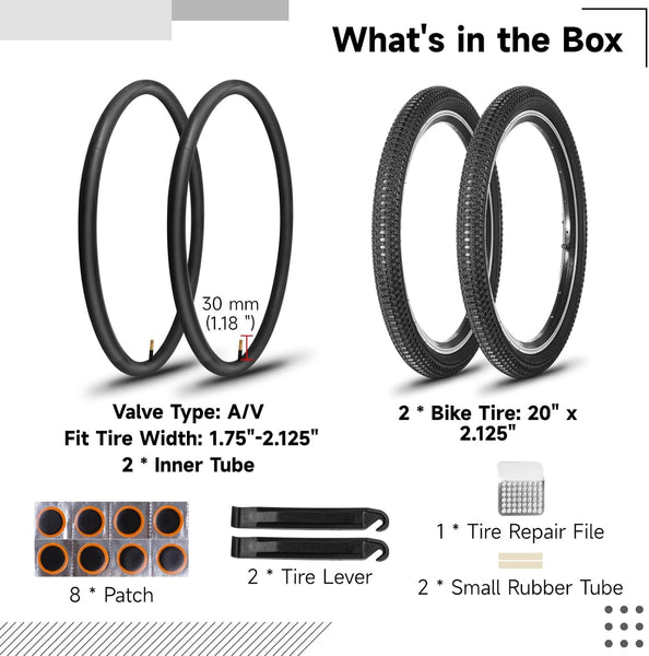 20 inch Bike Tire,2 Pack 20x2.125 Bike Tires and 20x1.75/2.125 Bike Tubes with Bike Tire Levers, 20x2.125 Bicycle Tire Portable MTB Tires Rubber Tire for Mountain Path Muddy Trail