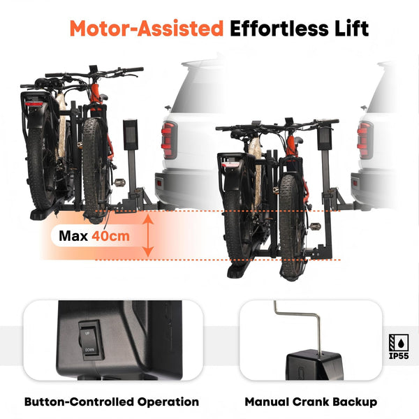 CRAVOT Ebike Racks for 2 Bikes Tow Hitch, Tire Clamp Rack Bike Carrier, Heavy-Duty Haul Ebike Rack with 2 Tray Arms Lock, 200lbs Capacity Fits Fat Tire Bicycle, for Car, SUV with 2" Receiver