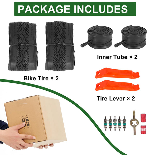 2-Pack 20x1.75 Bike Tire Tube, 20 Inch Mountain Bike Tires & Tubes, Folding Replacement Bicycle Tires with 2 Tire Levers for Hybrid, City Commuter, Urban