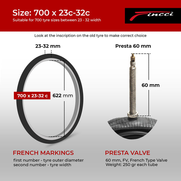 Fincci Pack Inner Tubes 700c x 18c - 25c - 32c with 60mm Presta Valve - 700c Bike Tube for Gravel, Race, Road Touring, Hybrid Bicycle, Bicicleta de Carrera - 28 inch Bike Tubes Butyl Rubber Wheels 622