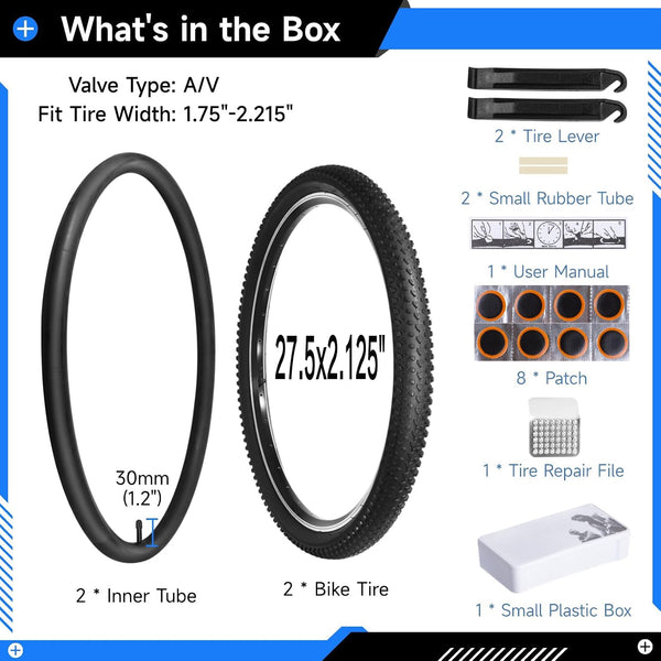 2 Pack 27.5 Mountain Bike Tires Tubes, 27.5 x 2.125/54-584 Tires and 27.5x2/2.1/2.125 Tubes with 30mm AV Valve, 650B Tires MTB Replacement Set for Commuting, Gravel, Pavement and Trail Riding
