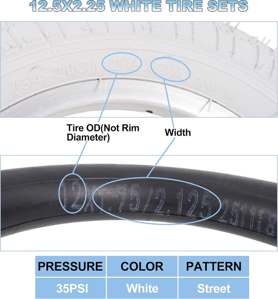 2Sets 12.5x2.25 white Bike Tires and Inner Tubes, 12 1/2x2 1/4 BMX Tire Sets (54-203) Compatible with Jetson Kids Bike Caster Trike Bob Stroller and Other 12 Inch Baby Cart Bicycle Tire and Tube