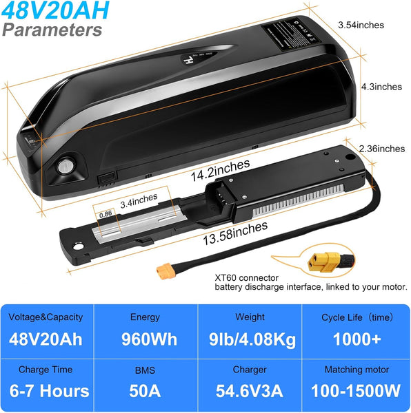 48V 20Ah Ebike Battery, Lithium Battery with 40A BMS for (100-1800W) Motors, Includes Safe Lock,USB Output,Led Indicator Light (100-1800W 48V 20AH)