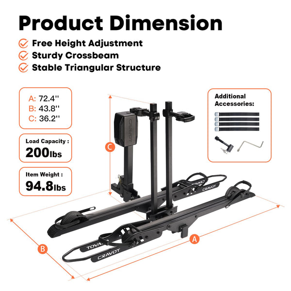 CRAVOT Ebike Racks for 2 Bikes Tow Hitch, Tire Clamp Rack Bike Carrier, Heavy-Duty Haul Ebike Rack with 2 Tray Arms Lock, 200lbs Capacity Fits Fat Tire Bicycle, for Car, SUV with 2" Receiver