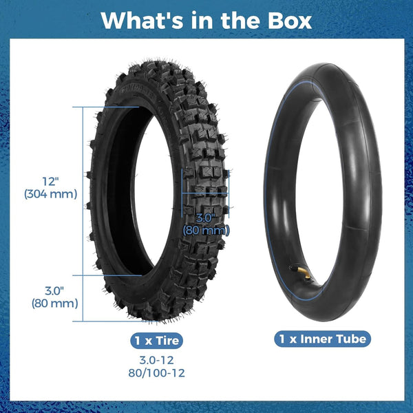80/100-12 Dirt Bike Tires Set, 3.0-12 Tire and 80/100-12 Dirt Bike Tube with Bent Valve, Tire Replacement 12 Inch Rear for Pit Bike Motocross E-Scooter Off Road Motorcycle
