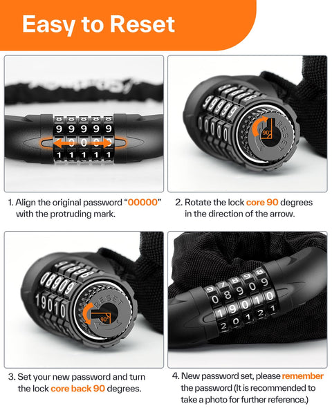 Sportneer Bike Lock: 5 Digit Combination High Security Anti Theft Bike Chain Lock - 3.2/3.6/4ft Heavy Duty Keyless Bicycle Lock for Bike, Motorcycle, Scooter, Door & Gate - 4/6mm Thick, Easy to Use