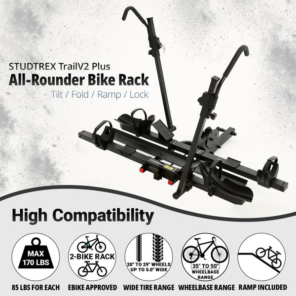 TrailV2 Plus Hitch 2 Ebike Rack with Ramp, Tilt, Fold, Anti-Theft Hitch & Wheel Locks, Heavy Duty 170 lbs Capacity, Fits 2" Receiver, Max 5" Fat Tires, Electric Bike Rack for Car, SUV, Truck, RV