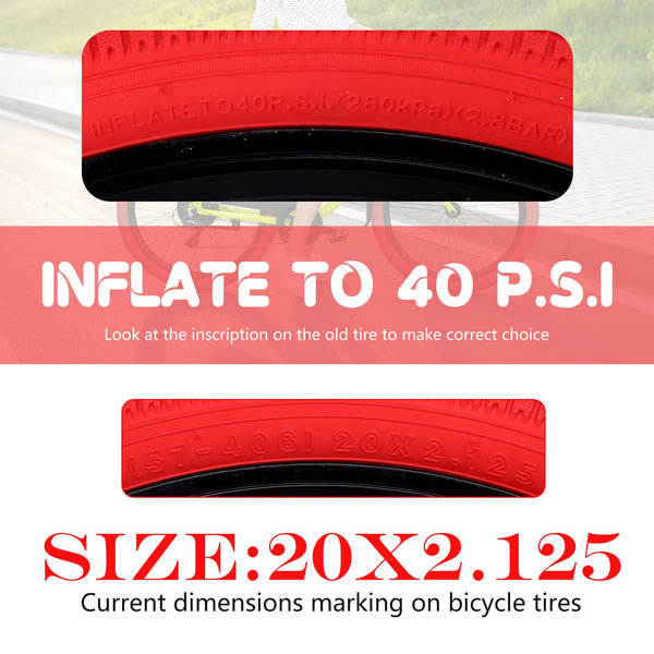 2 Pack Color Bike Tire, 20 x 2.125 Inch Folding Bicycle Replacement Tire Red Color Tire for Children Bikes