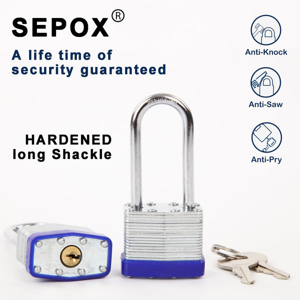 SEPOX® Trinity Keyed-Alike Padlocks Outdoor, Reinforced Laminated Steel Body Heavy-Duty 1-9/16" 40MM, Uncuttable Standard Shackle, 3-Pcs-Lock, 6-Pcs Same Keys, for Gym Locker, Toolbox, Shed, Storage