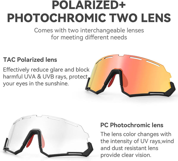 ROCKBROS Mountain Bike Glasses for Men Cycling Glasses with Interchangeable Polarized + Photochromic Lenses Sport Sunglasses