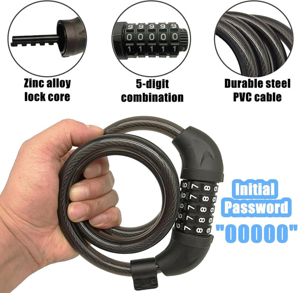 Bike Lock, 4 Feet Bicycle Lock, Heavy Duty Anti Theft 5 Digit Combination Lock, Bike Cable Lock with Mounting Bracket, Bicycle Cable Lock for Road Bike Mountain Bike Scooter