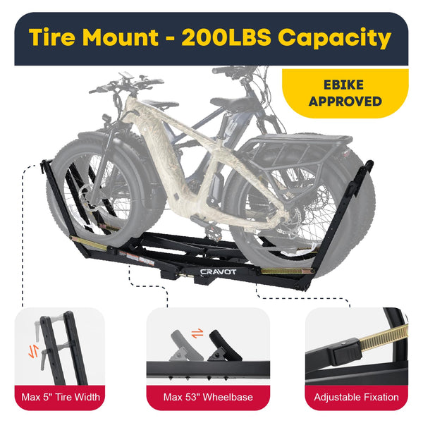 CRAVOT Ebike Racks for 2 Bikes Tow Hitch, Tire Clamp Rack Bike Carrier, Heavy-Duty Haul Ebike Rack with 2 Tray Arms Lock, 200lbs Capacity Fits Fat Tire Bicycle, for Car, SUV with 2" Receiver