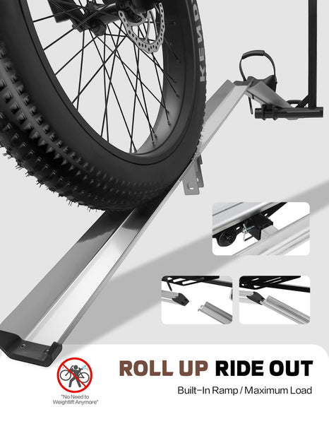 RokRack S One 1-Ebike Rack with Ramp, 100 lbs Capacity, Single Hitch Mount Electric Bike Rack, Fits up to 5" Fat Tire Width and 50" Wheelbase, Ebike Carrier Rack for 2" Receiver for Cars SUVs Vans RVs