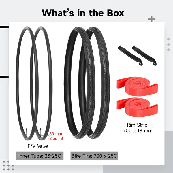 yeesport 700 x 25c Road Bike Tires, 2 Pack Folding 700x25c Tires & 700 x 25c-28c Bike Tubes Presta Valve 48mm Tire Replacement with Rim Strips for Urban Rural Asphalt Concrete Hard Roads