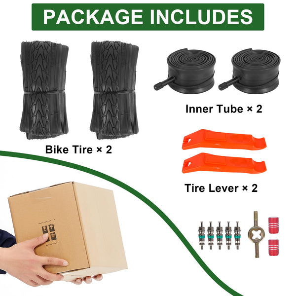 2-Pack 20x1.75 Bike Tire Tube, 20 Inch Mountain Bike Tires & Tubes, Folding Replacement Bicycle Tires with 2 Tire Levers for Hybrid, City Commuter, Urban