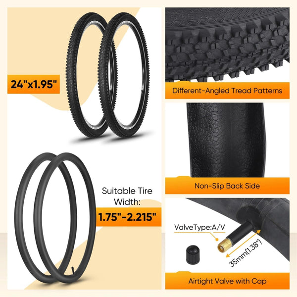24/26x1.95” Bike Tire, 2 Pack 24/26x1.95 Folding Bicycle Tire and Tube, 24/26 Inch Mountain Bike Tires,Replaceable 26/24 Inch Bike Tires with Repair Tools for MTB,BMX