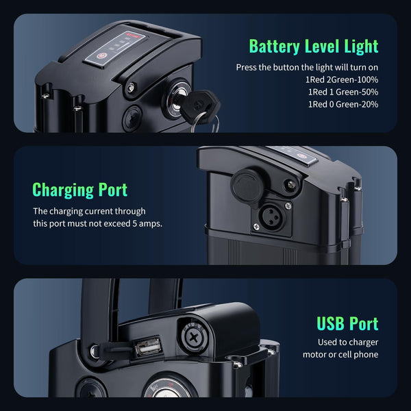 48V 13Ah Ebike Battery, Folding E-Bike Lithium Replacement Battery 25A BMS for 0-1200W Motor, XT60 Connector, Safe Lock, LED Indicator Light, USB Port