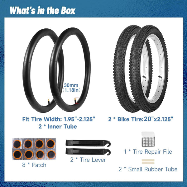 2 Pack 20x2.125 Bicycle Tires and Tubes,20 Inch Bike Tire, 20 x 2.125 Bike Tires & 20x2.125 Bike Tubes with Repair Kit, 20 Inch Mountain Bike Tire for MTB Tire, BMX Tire, Kids Bike Tire