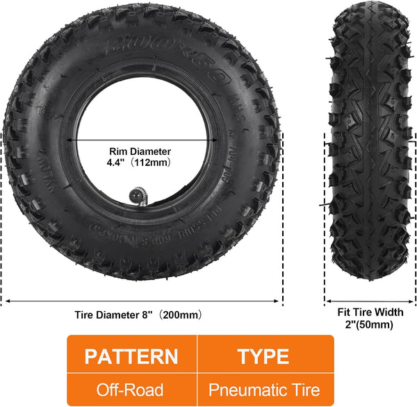 200x50 (8"x2") Dirt Scooter Knobby Tire & Inner Tube Off-Road Go Kart Tire Set For Crazy Cart, Pro RDS, Dune Buggy, RX200 Pneumatic Tyre, Include Install Lever Valve, Core Fix Kit, Caps, 2Sets